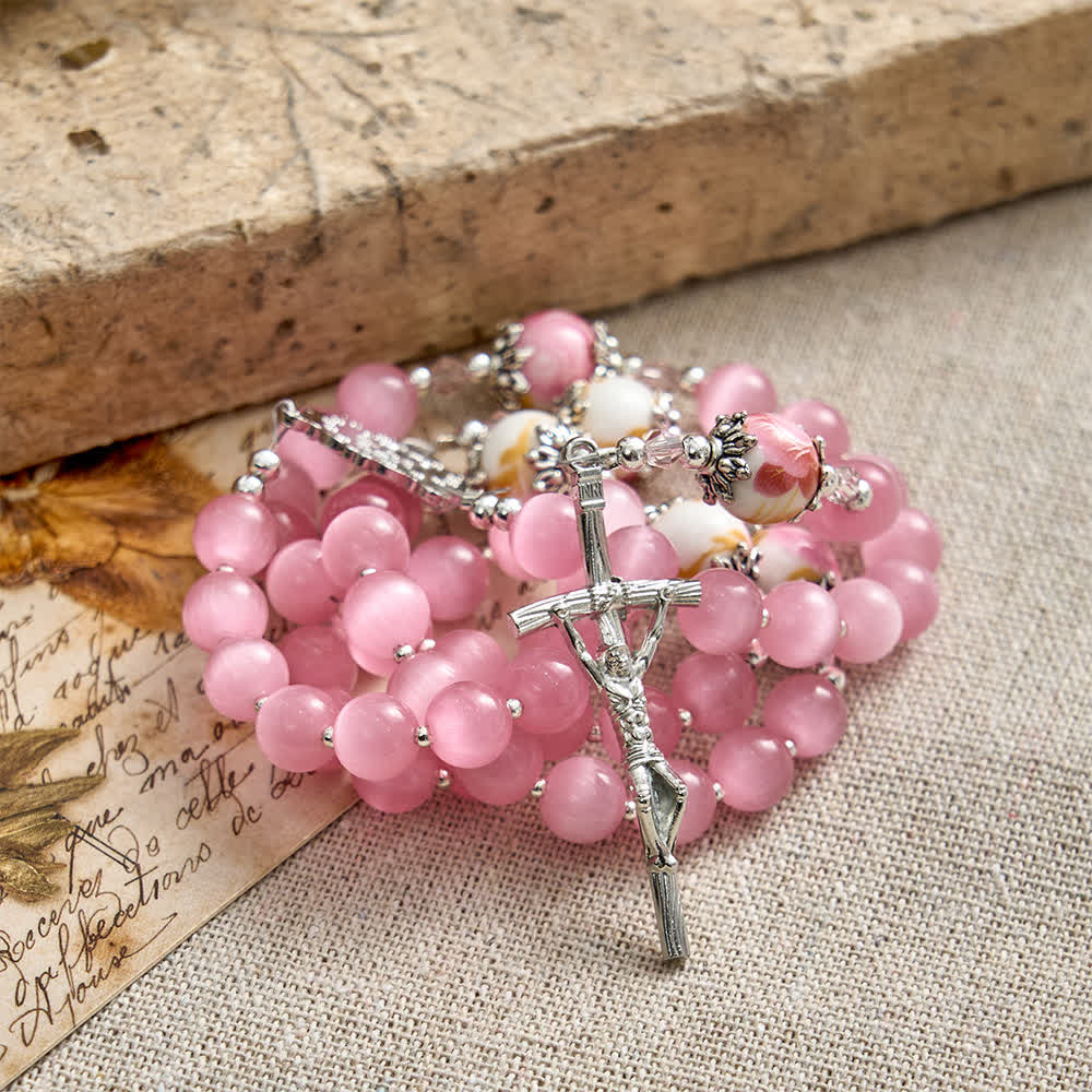 Christianartworkshop Elegant Pink Cat's Eye Rosary with Floral Marian Devotion - image 5