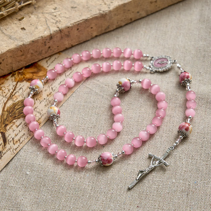 Christianartworkshop Elegant Pink Cat's Eye Rosary with Floral Marian Devotion - image 6