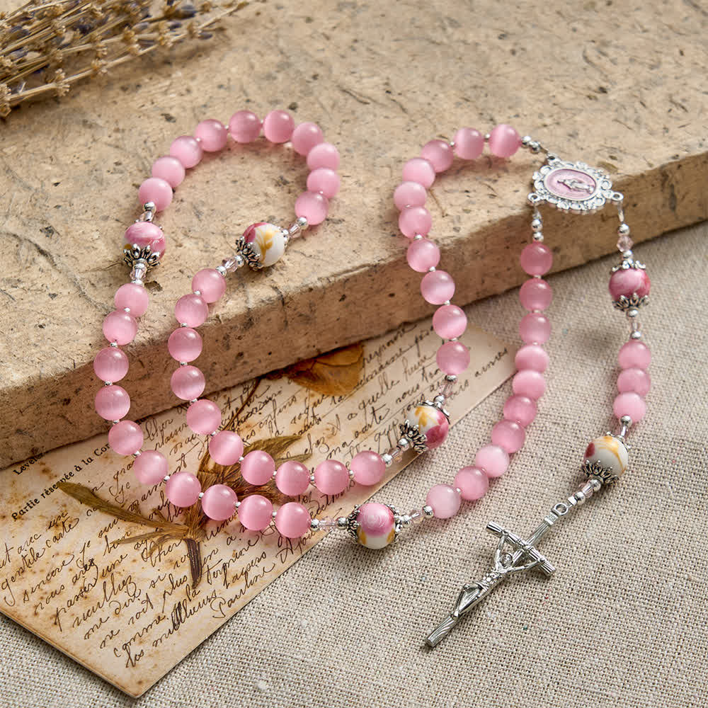 Christianartworkshop Elegant Pink Cat's Eye Rosary with Floral Marian Devotion - image 4