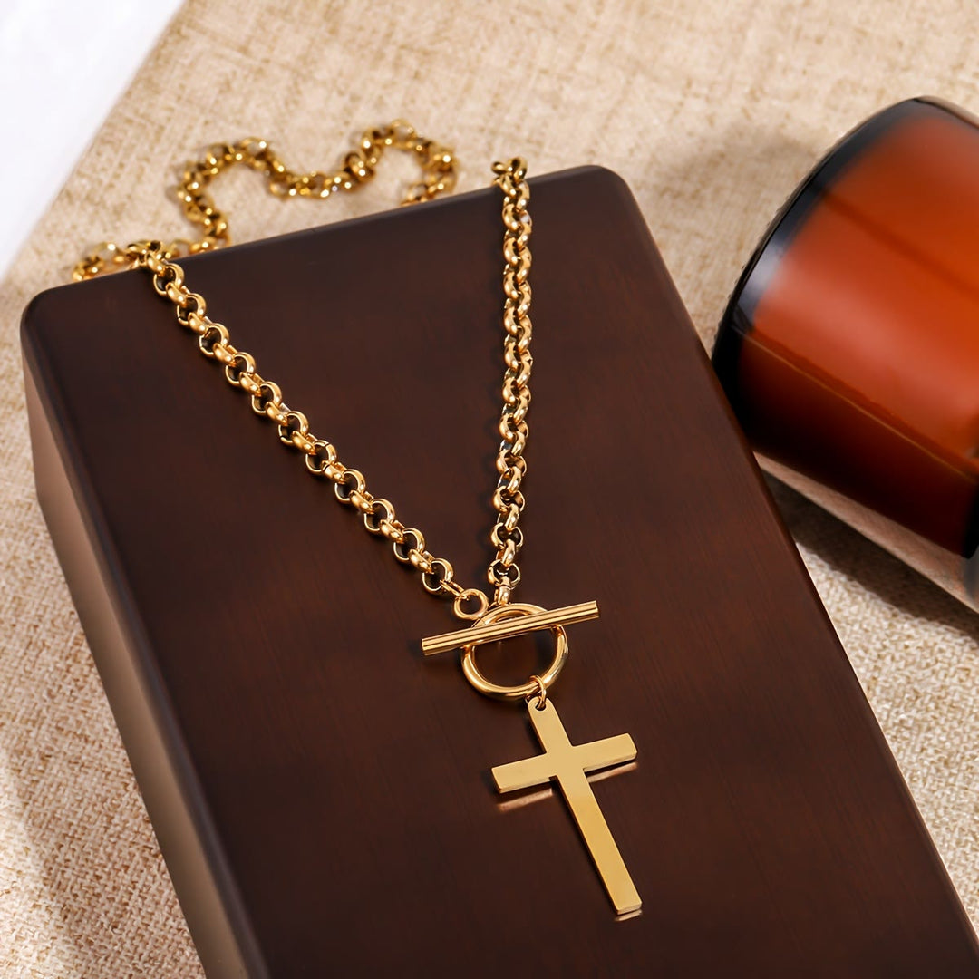 FREE Today: Sleek Cross Necklace with Toggle Clasp and Rolo Chain: A Reminder of Divine Grace - Golden - image 2