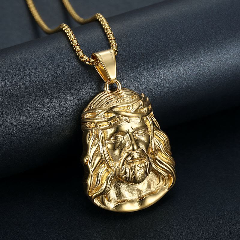 Christianartworkshop Jesus Head Pendant Necklace with Crown of Thorns and Zircon Accents: A Symbol of Sacrifice and Grace - Golden Glossy Thorn - image 1
