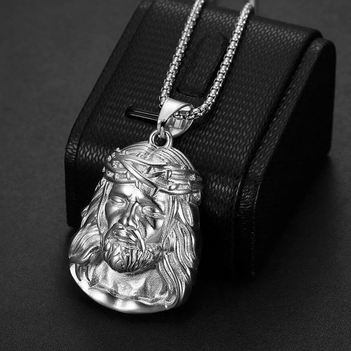 Christianartworkshop Jesus Head Pendant Necklace with Crown of Thorns and Zircon Accents: A Symbol of Sacrifice and Grace - Silver Glossy Thorn - image 3
