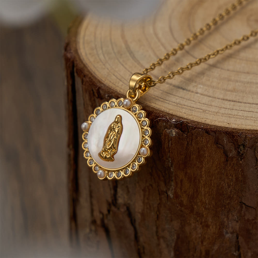 FREE Today: Vintage Our Lady & Cross Pendant Necklace with Mother of Pearl & White Beads: A Symbol of Marian Grace - Our Lady B - image 6