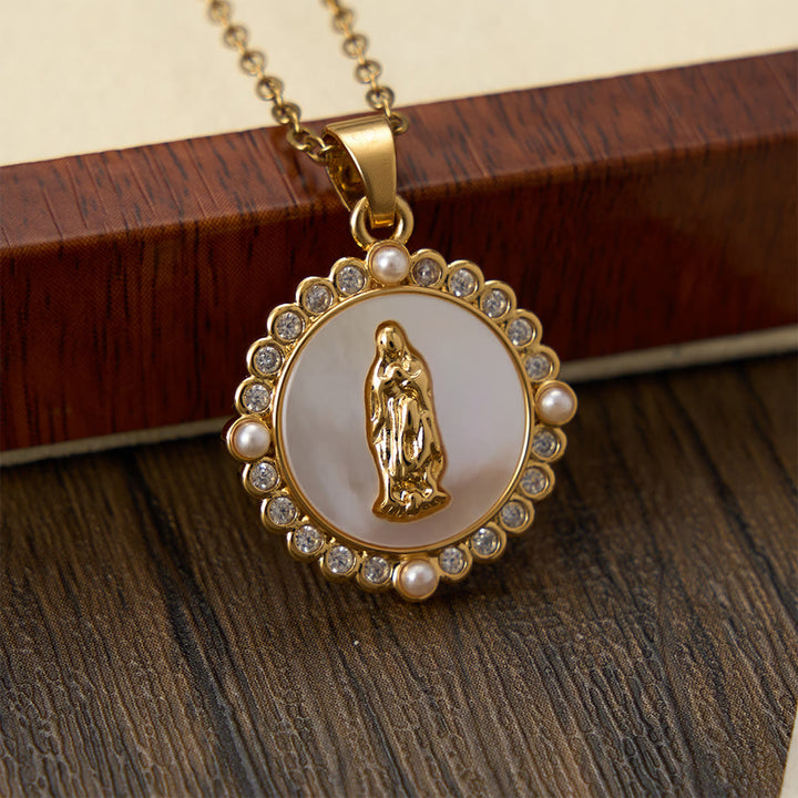 FREE Today: Vintage Our Lady & Cross Pendant Necklace with Mother of Pearl & White Beads: A Symbol of Marian Grace - image 7