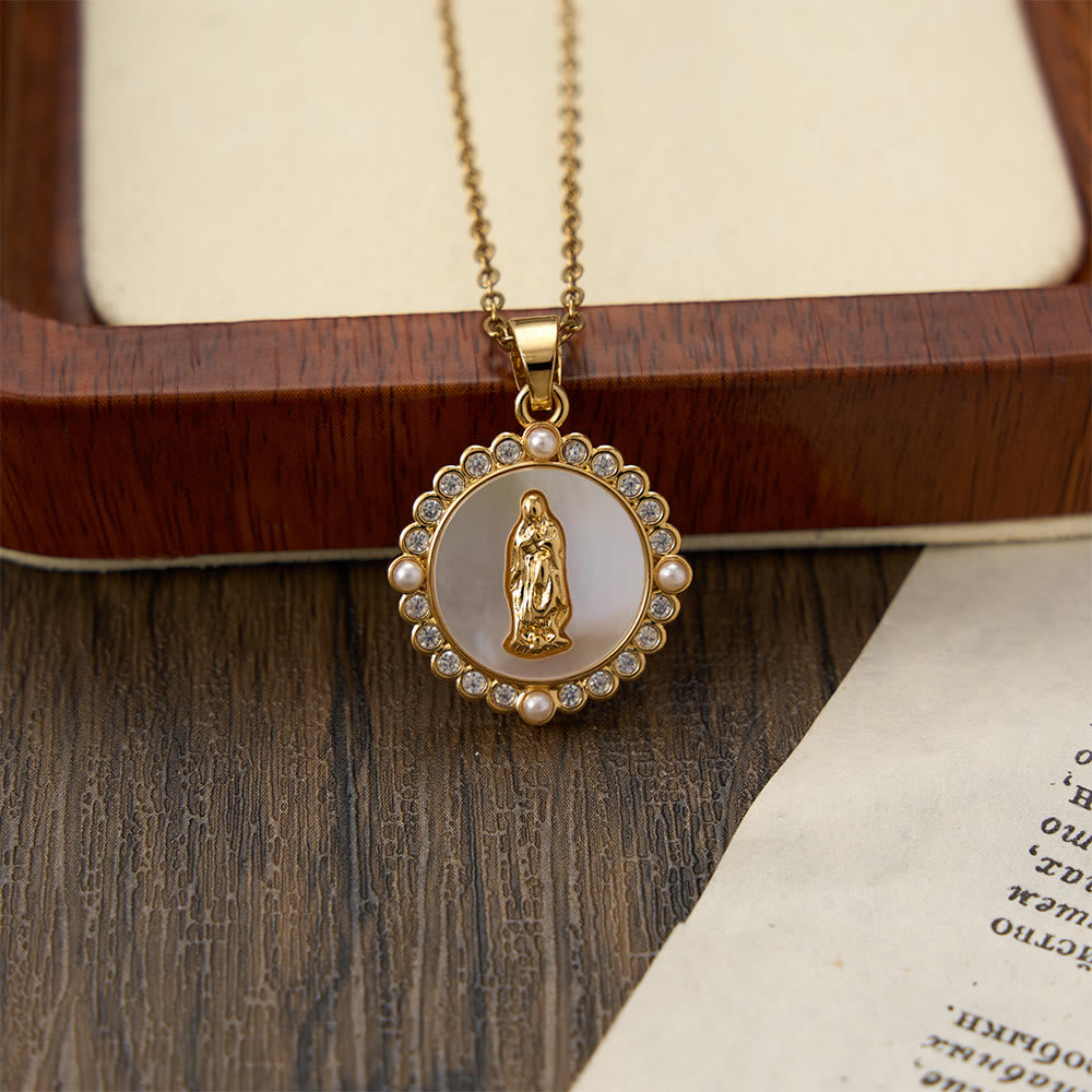 FREE Today: Vintage Our Lady & Cross Pendant Necklace with Mother of Pearl & White Beads: A Symbol of Marian Grace - image 8