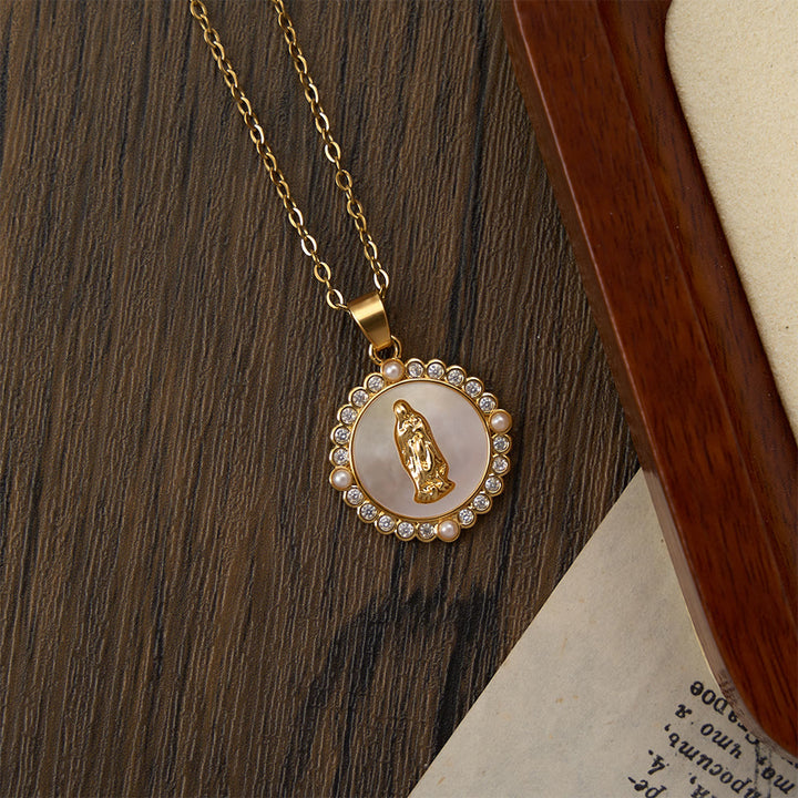 FREE Today: Vintage Our Lady & Cross Pendant Necklace with Mother of Pearl & White Beads: A Symbol of Marian Grace - image 9