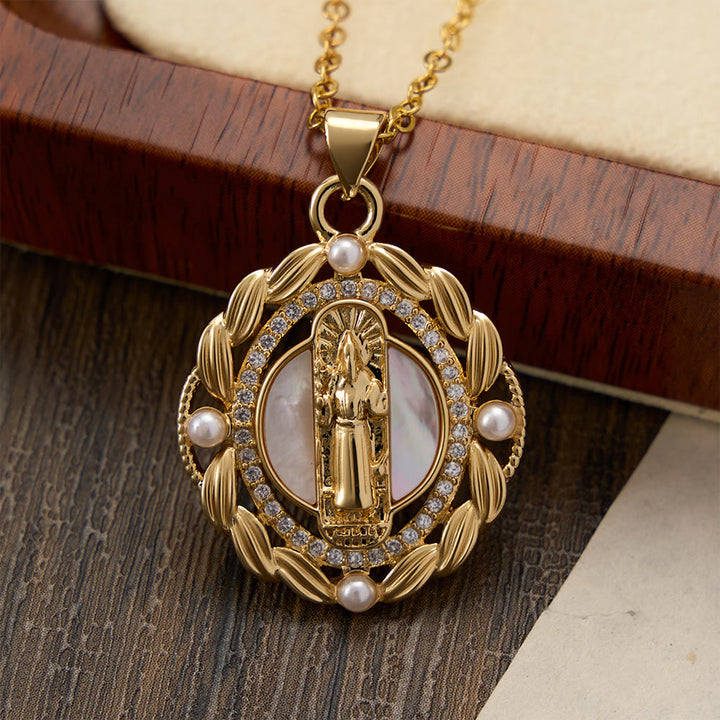 FREE Today: Vintage Our Lady & Cross Pendant Necklace with Mother of Pearl & White Beads: A Symbol of Marian Grace - image 11