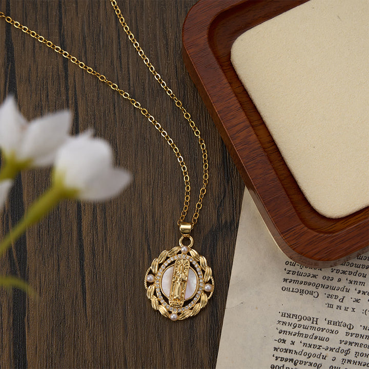 FREE Today: Vintage Our Lady & Cross Pendant Necklace with Mother of Pearl & White Beads: A Symbol of Marian Grace - image 13