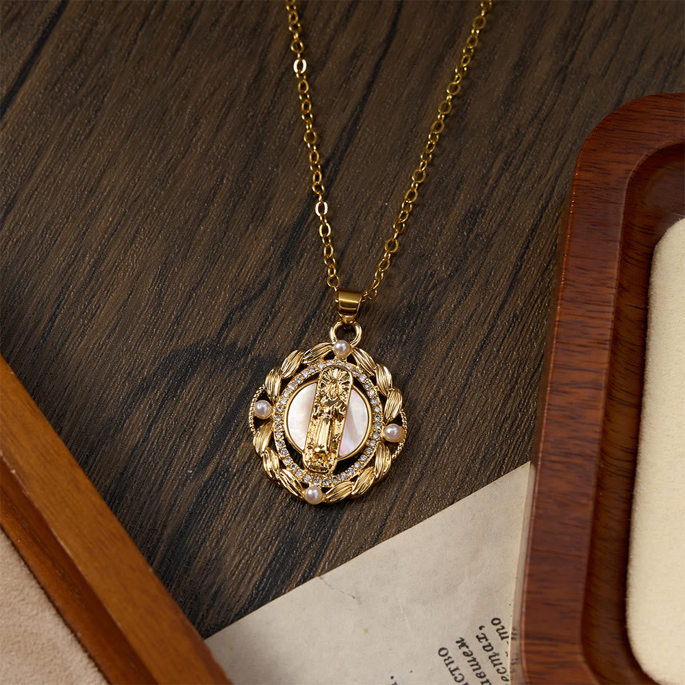 FREE Today: Vintage Our Lady & Cross Pendant Necklace with Mother of Pearl & White Beads: A Symbol of Marian Grace - image 14