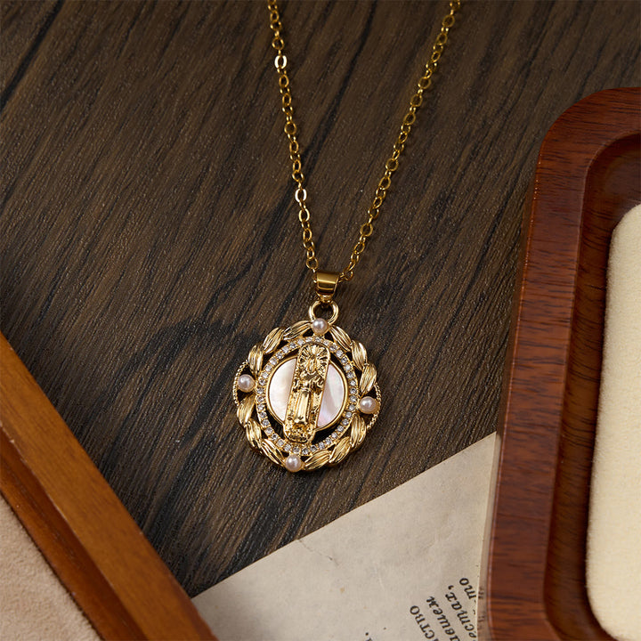 FREE Today: Vintage Our Lady & Cross Pendant Necklace with Mother of Pearl & White Beads: A Symbol of Marian Grace - image 14