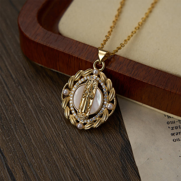 FREE Today: Vintage Our Lady & Cross Pendant Necklace with Mother of Pearl & White Beads: A Symbol of Marian Grace - image 10
