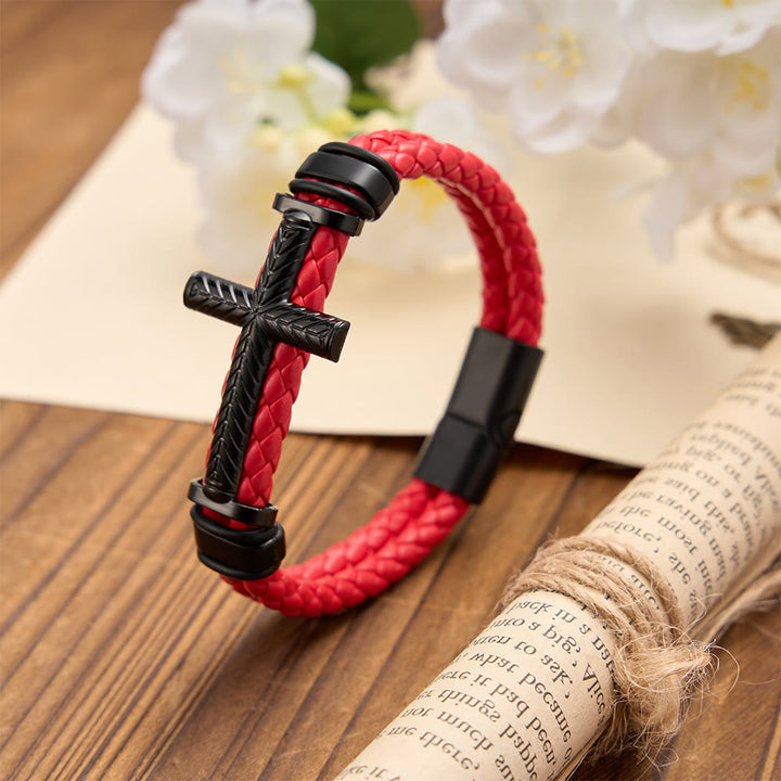 Christianartworkshop 4-Color Braided Leather Cross Bracelet with Embossed Details: A Symbol of Rugged Faith - Red - image 0