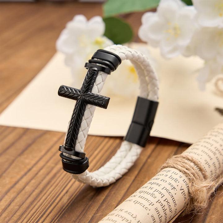 FREE Today: 4-Color Braided Leather Cross Bracelet with Embossed Details: A Symbol of Rugged Faith - White - image 3