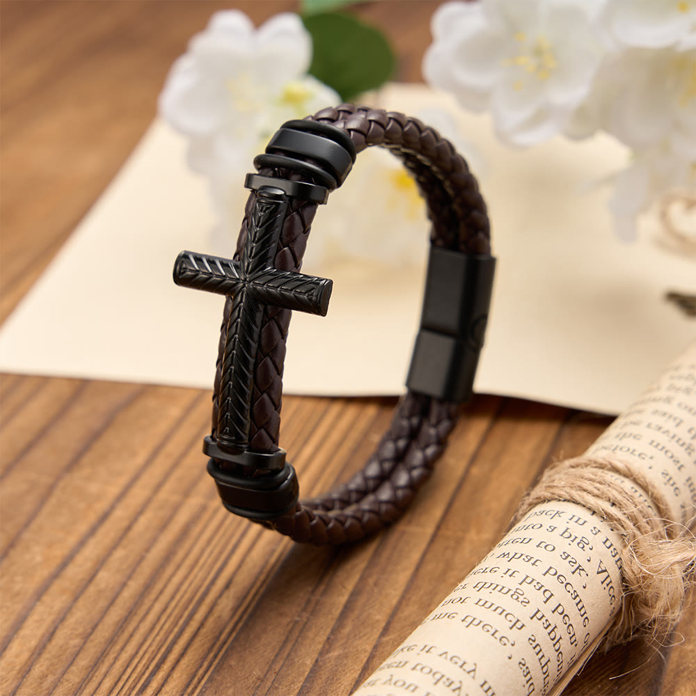 FREE Today: 4-Color Braided Leather Cross Bracelet with Embossed Details: A Symbol of Rugged Faith - Brown - image 4