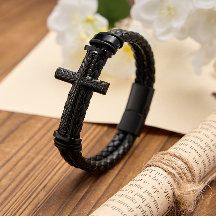 Christianartworkshop 4-Color Braided Leather Cross Bracelet with Embossed Details: A Symbol of Rugged Faith - Black - image 2
