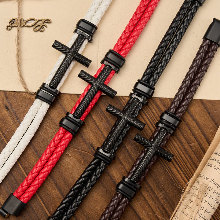 Christianartworkshop 4-Color Braided Leather Cross Bracelet with Embossed Details: A Symbol of Rugged Faith - image 1