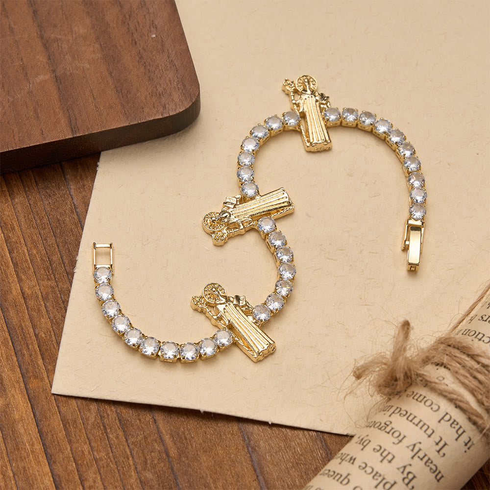 Christianartworkshop Sparkling Zircon Tennis Bracelet with St. Jude, St. Benedict, and Our Lady Motifs: A Reminder of Heavenly Grace - St.Benedict - Golden Robe - image 12