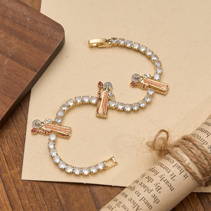 FREE Today: Sparkling Zircon Tennis Bracelet with St. Jude, St. Benedict, and Our Lady Motifs: A Reminder of Heavenly Grace - St.Benedict - Pink Robe - image 14