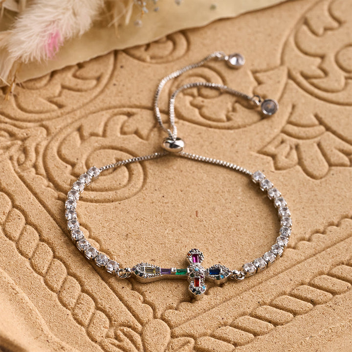 Christianartworkshop Adjustable Tennis Bracelet with Colorful Zircon Cross Charm: A Symbol of Vibrant Faith - Silver - image 6