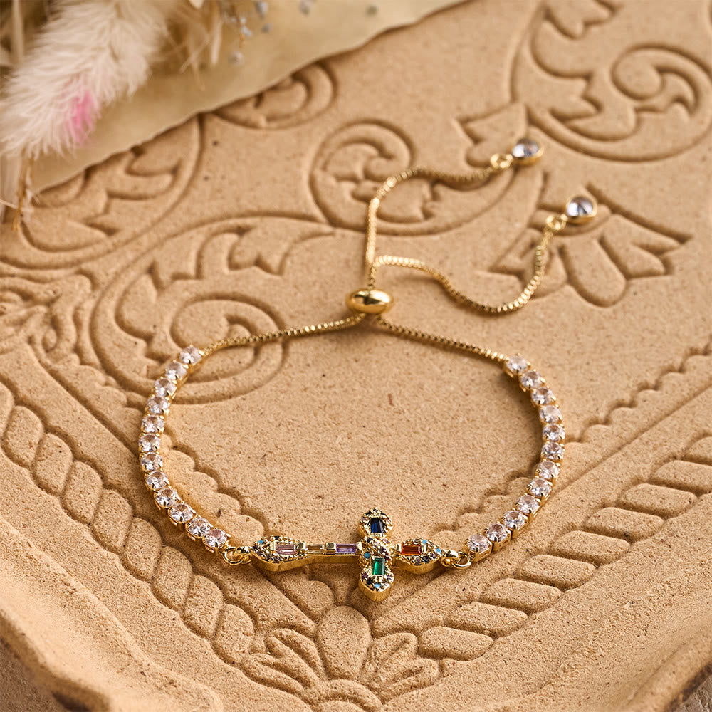 Christianartworkshop Adjustable Tennis Bracelet with Colorful Zircon Cross Charm: A Symbol of Vibrant Faith - Golden - image 4