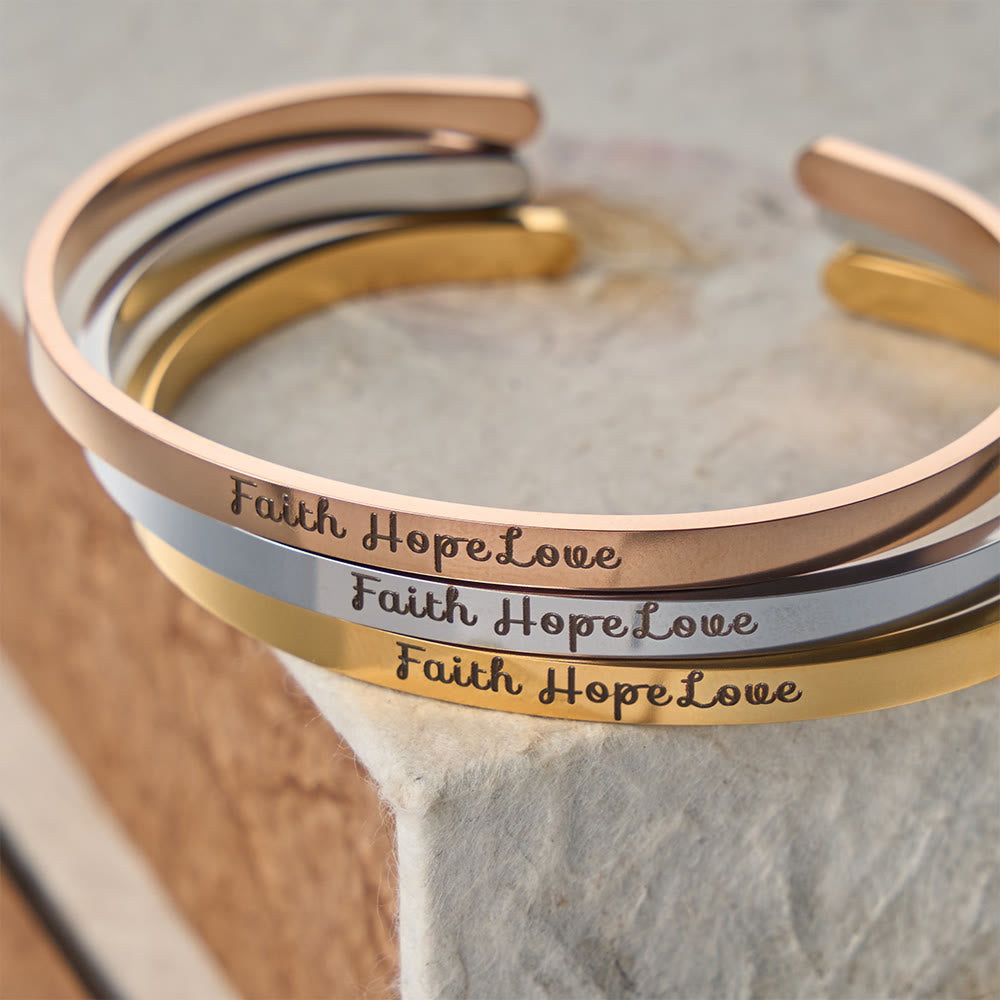 Christianartworkshop Faith Hope Love Engraved Adjustable Cuff Bangle: A Symbol of Divine Virtues - image 0