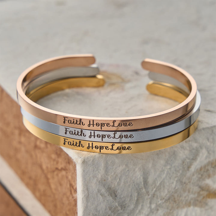 Christianartworkshop Faith Hope Love Engraved Adjustable Cuff Bangle: A Symbol of Divine Virtues - image 1