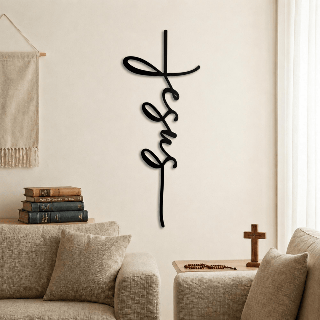 Christianartworkshop Jesus Script Cross Metal Wall Decor: A Minimalist Statement of Faith - image 0