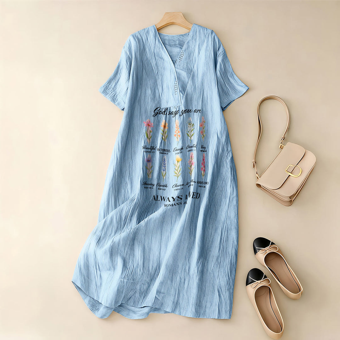 Christianartworkshop God Says You Are Always Loved Floral V-Neck Short Sleeve Midi Dress - image 3