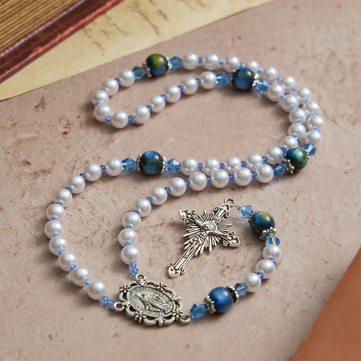 Christianartworkshop Blue-Green Gradient and White Beads Rosary with Our Lady - Our Lady & Crucifix - image 0