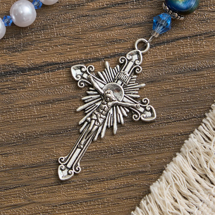Christianartworkshop Blue-Green Gradient and White Beads Rosary with Our Lady - image 5