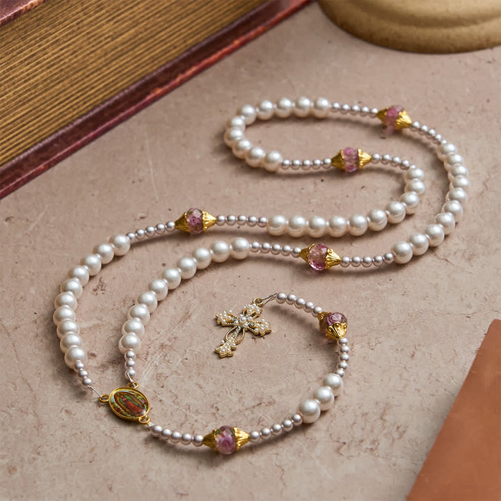 FREE Today: Ivory & Pink Rose Beads Guadalupe Rosary: Sacred Vintage Elegance - Our Lady & Cross - image 0