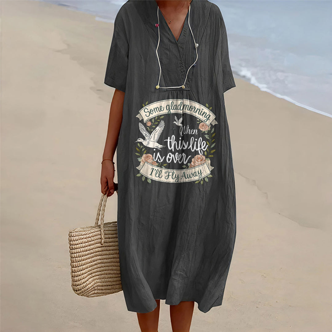 Christianartworkshop Some Glad Morning I'll Fly Away Floral Dove V-Neck Short Sleeve Midi Dress - Black - 4XL - image 0