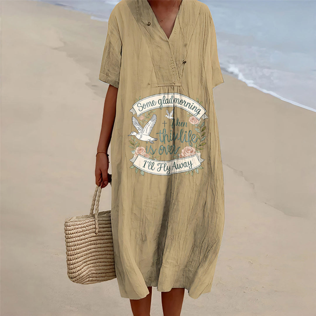 Christianartworkshop Some Glad Morning I'll Fly Away Floral Dove V-Neck Short Sleeve Midi Dress - Khaki - 4XL - image 6