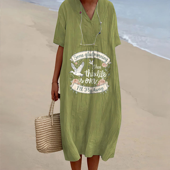 Christianartworkshop Some Glad Morning I'll Fly Away Floral Dove V-Neck Short Sleeve Midi Dress - Olive Green - 4XL - image 10