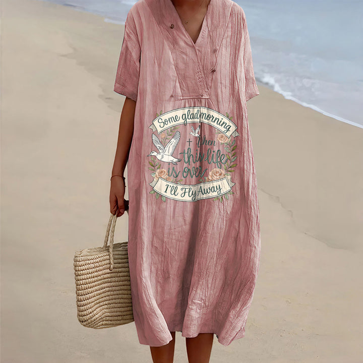 Christianartworkshop Some Glad Morning I'll Fly Away Floral Dove V-Neck Short Sleeve Midi Dress - Pink - 4XL - image 8