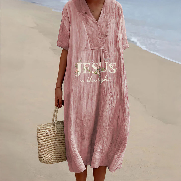 Christianartworkshop Jesus Is The Light Floral Butterfly V-Neck Short Sleeve Midi Dress - Pink - 4XL - image 6