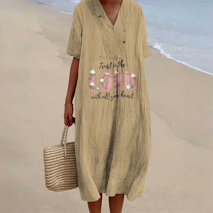 Christianartworkshop Trust In The Lord With All Your Heart Floral V-Neck Short Sleeve Midi Dress - Khaki - 4XL - image 6