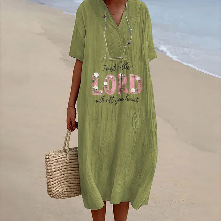 Christianartworkshop Trust In The Lord With All Your Heart Floral V-Neck Short Sleeve Midi Dress - image 11