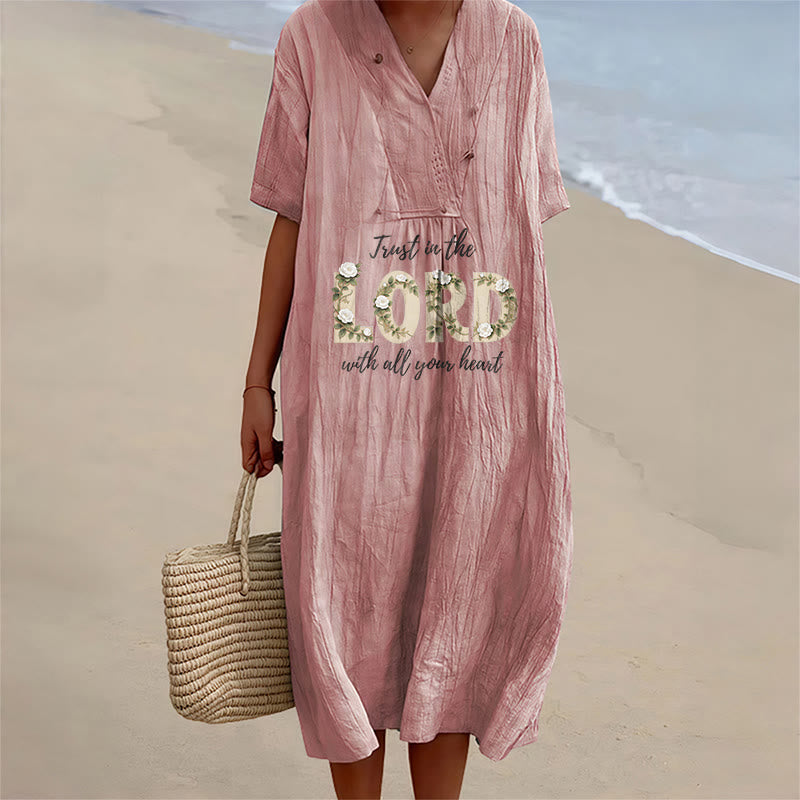 Christianartworkshop Trust In The Lord With All Your Heart Floral V-Neck Short Sleeve Midi Dress - Pink - 4XL - image 0