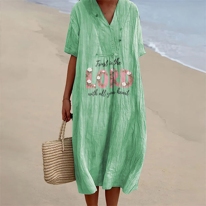 Christianartworkshop Trust In The Lord With All Your Heart Floral V-Neck Short Sleeve Midi Dress - Green - 4XL - image 2