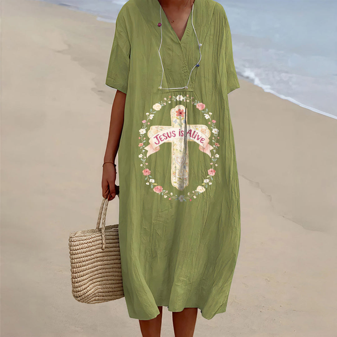 Christianartworkshop Jesus Is Alive Floral Cross V-Neck Short Sleeve Midi Dress - Olive Green - 4XL - image 10
