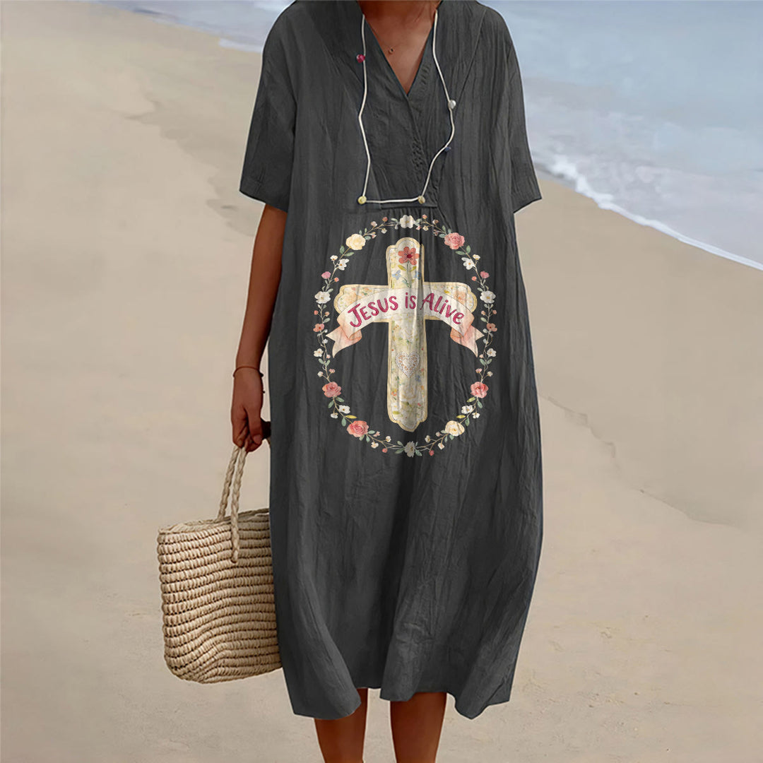 Christianartworkshop Jesus Is Alive Floral Cross V-Neck Short Sleeve Midi Dress - Black - 4XL - image 8