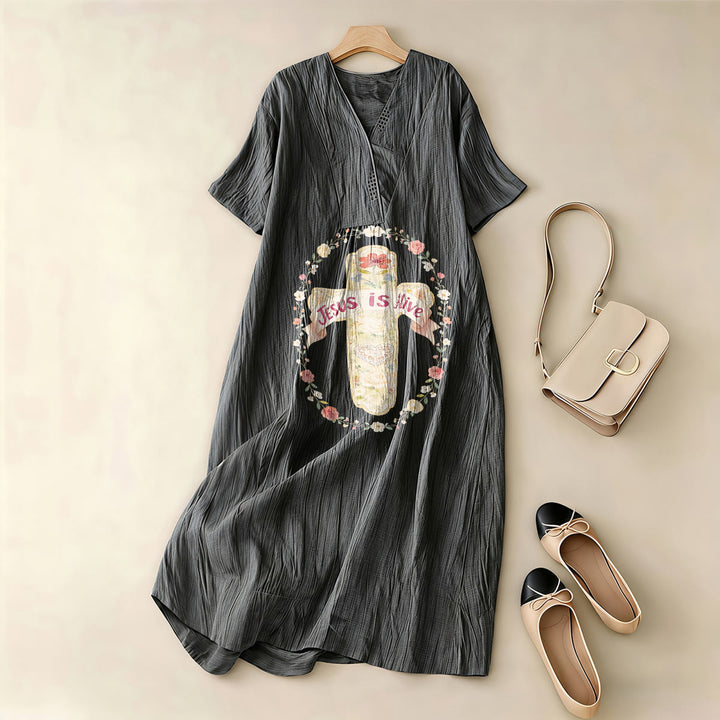Christianartworkshop Jesus Is Alive Floral Cross V-Neck Short Sleeve Midi Dress - image 9