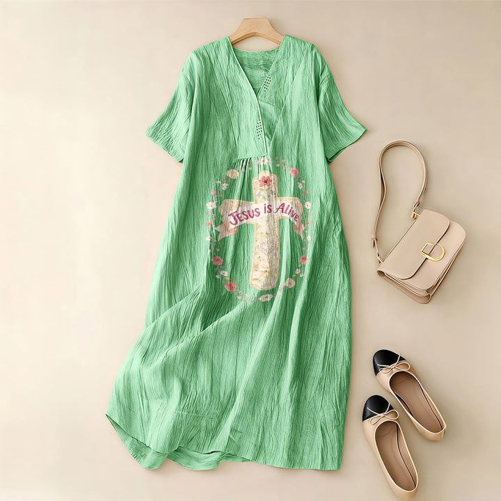 Christianartworkshop Jesus Is Alive Floral Cross V-Neck Short Sleeve Midi Dress - image 3