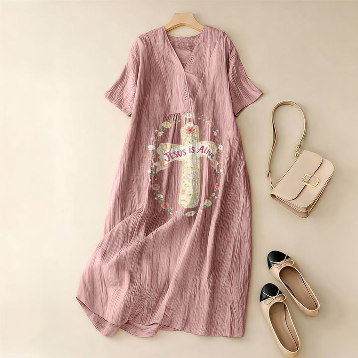 Christianartworkshop Jesus Is Alive Floral Cross V-Neck Short Sleeve Midi Dress - image 7