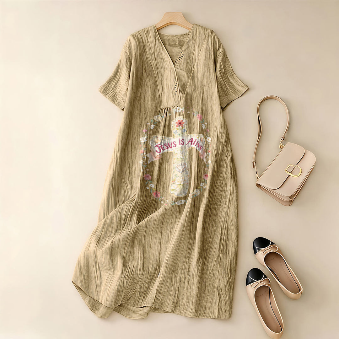 Christianartworkshop Jesus Is Alive Floral Cross V-Neck Short Sleeve Midi Dress - image 5
