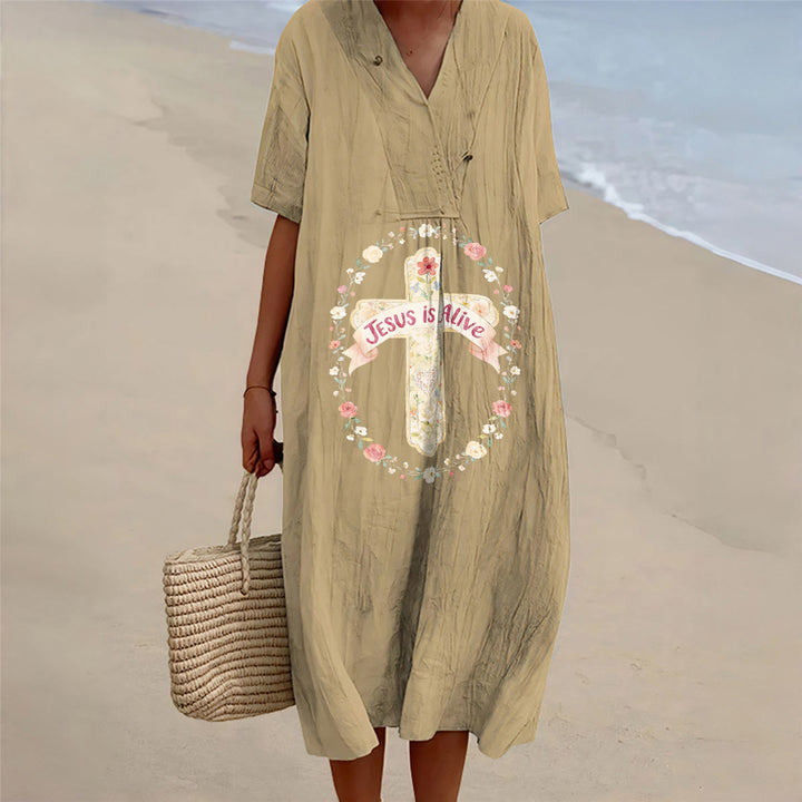Christianartworkshop Jesus Is Alive Floral Cross V-Neck Short Sleeve Midi Dress - Khaki - 4XL - image 4