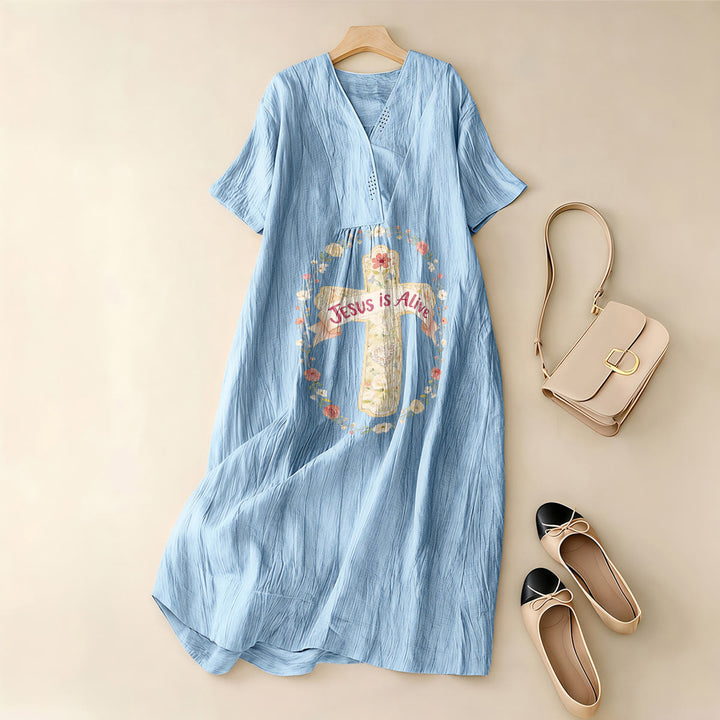 Christianartworkshop Jesus Is Alive Floral Cross V-Neck Short Sleeve Midi Dress - image 1