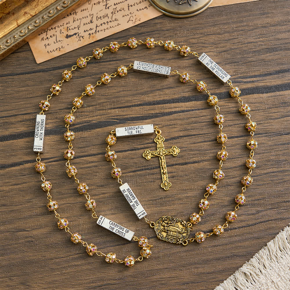 Christianartworkshop Golden Rhinestone Six Tablets Rosary with Our Lady of Fatima - image 3