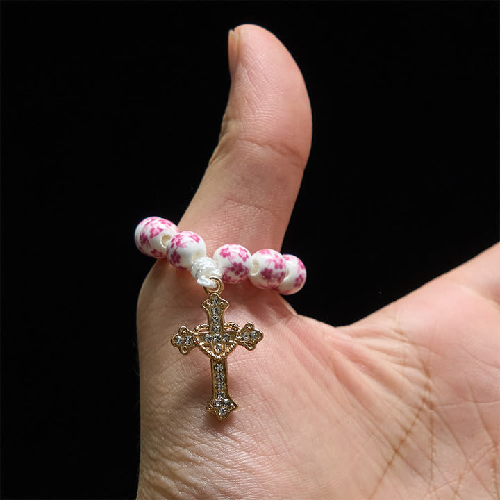 Christianartworkshop Pink Floral Ceramic Finger Rosary with Crystal Cross - image 1